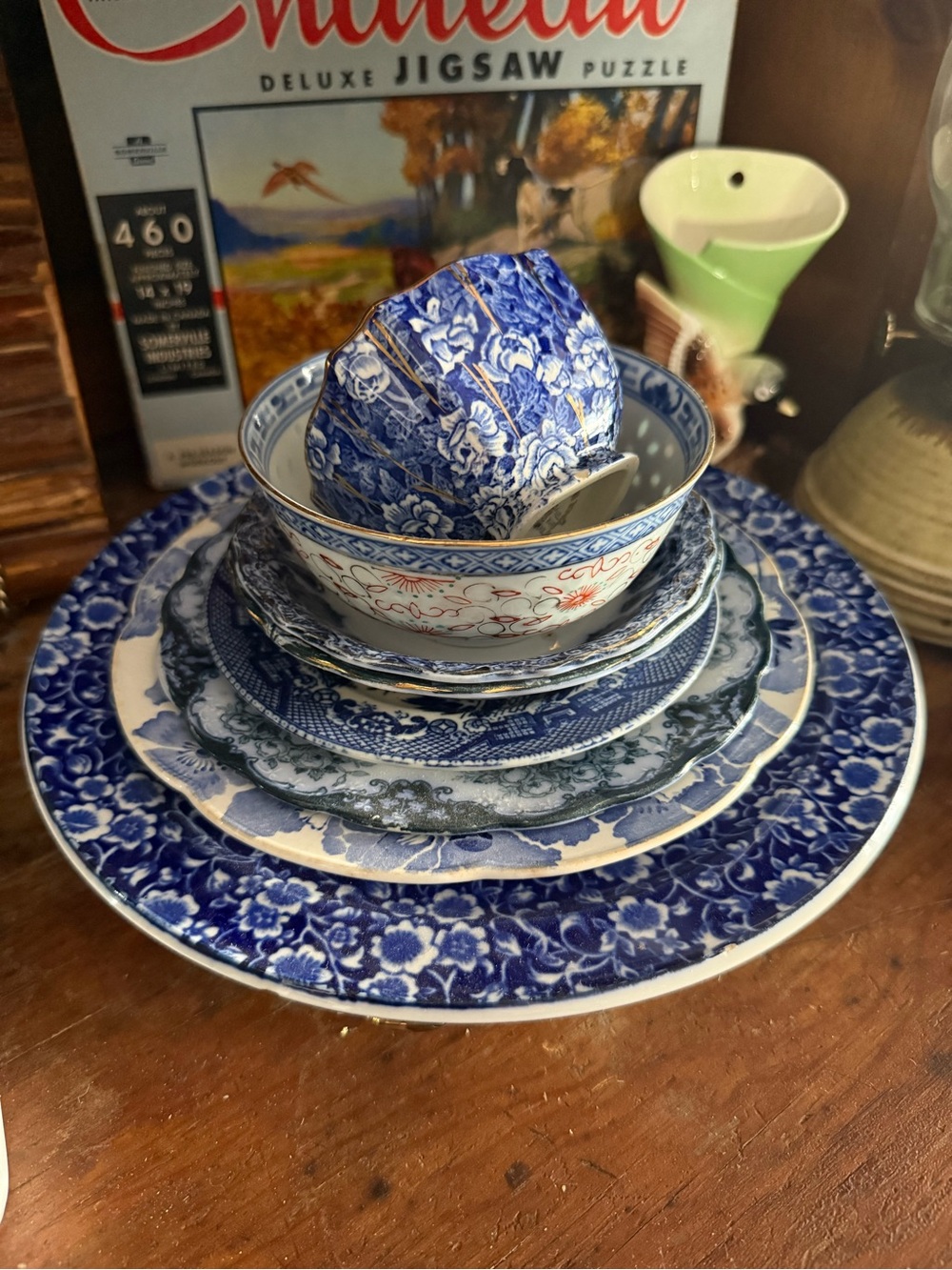 Stack of Antique Blue & White China